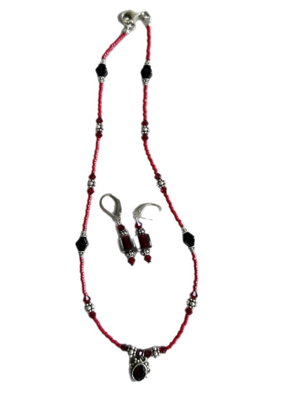 Handmade Sterling Silver Garnet Necklace & Earrings Set